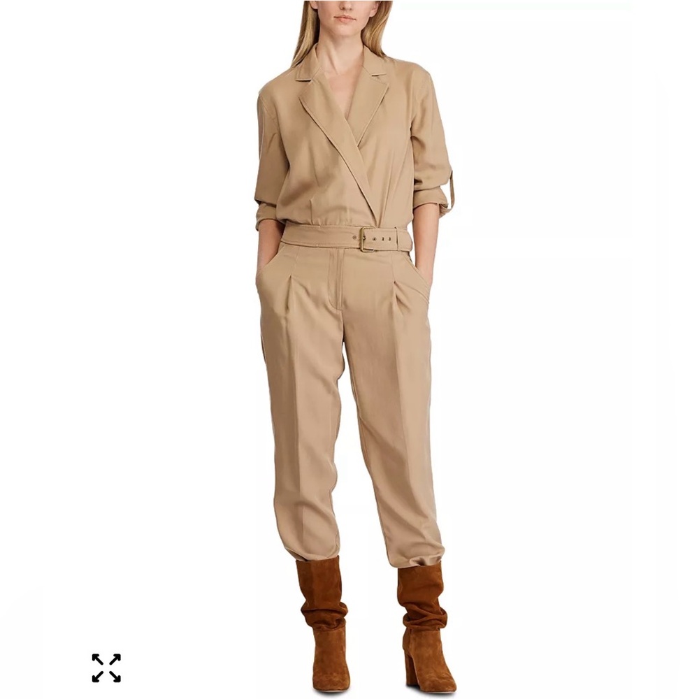 Ralph Lauren Trench-Look Twill Khaki Jumpsuit Utility Jumpsuit with Belt Size 10